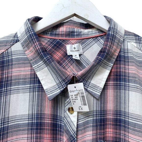 DRESSBARN Plaid Shirt Plus Size 3X Cotton Blue Pink Long Sleeve Button Up NWT - Picture 2 of 10